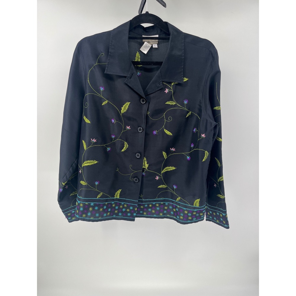 Coldwater Creek Black 100% Silk Embroidered Floral Button Down Shirt Womens L